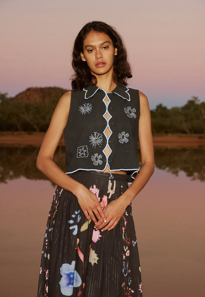 Nancybird Tuva Vest - Charcoal Embroidered