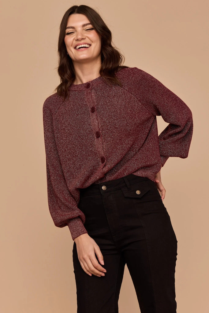 Frock Me Out Lurex Knit Cardigan - Burgundy/Gold