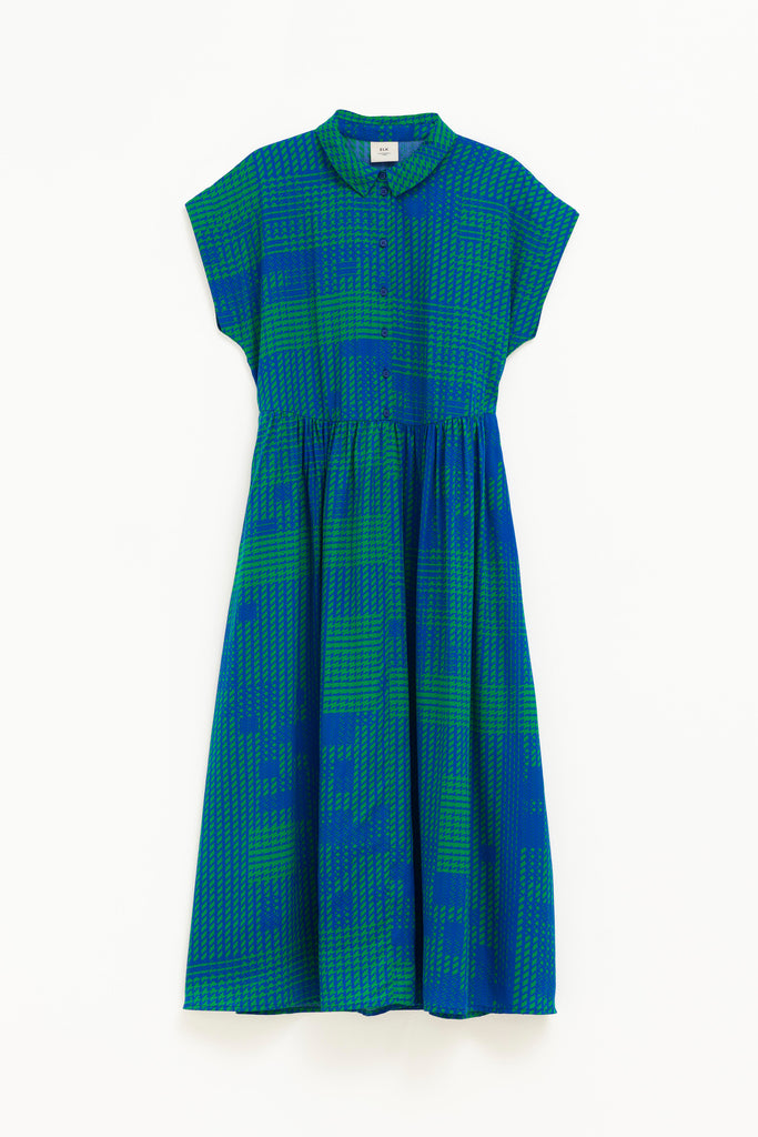 Elk Albin Shirt Dress - Teal Cross Stitch Print