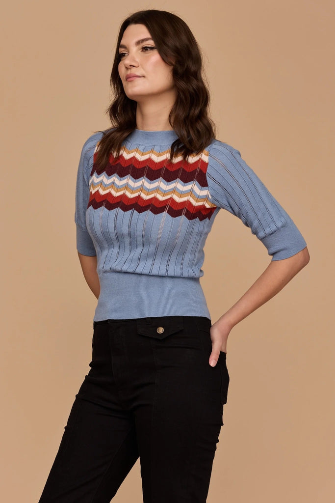 Frock Me Out Zig Zag Knit Top - Dusty Blue