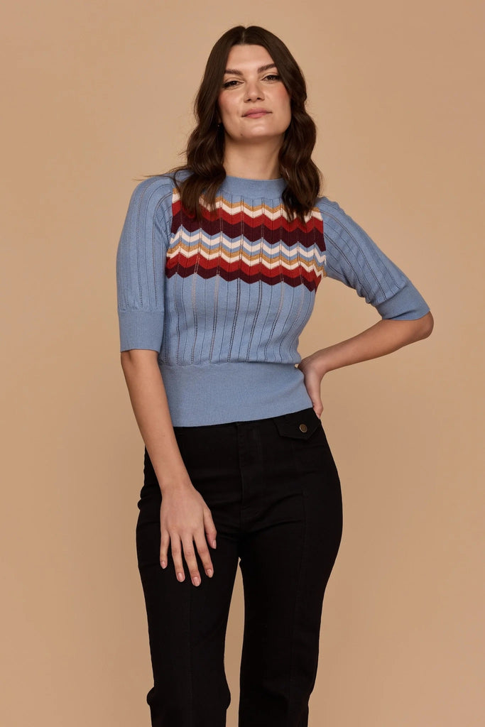Frock Me Out Zig Zag Knit Top - Dusty Blue