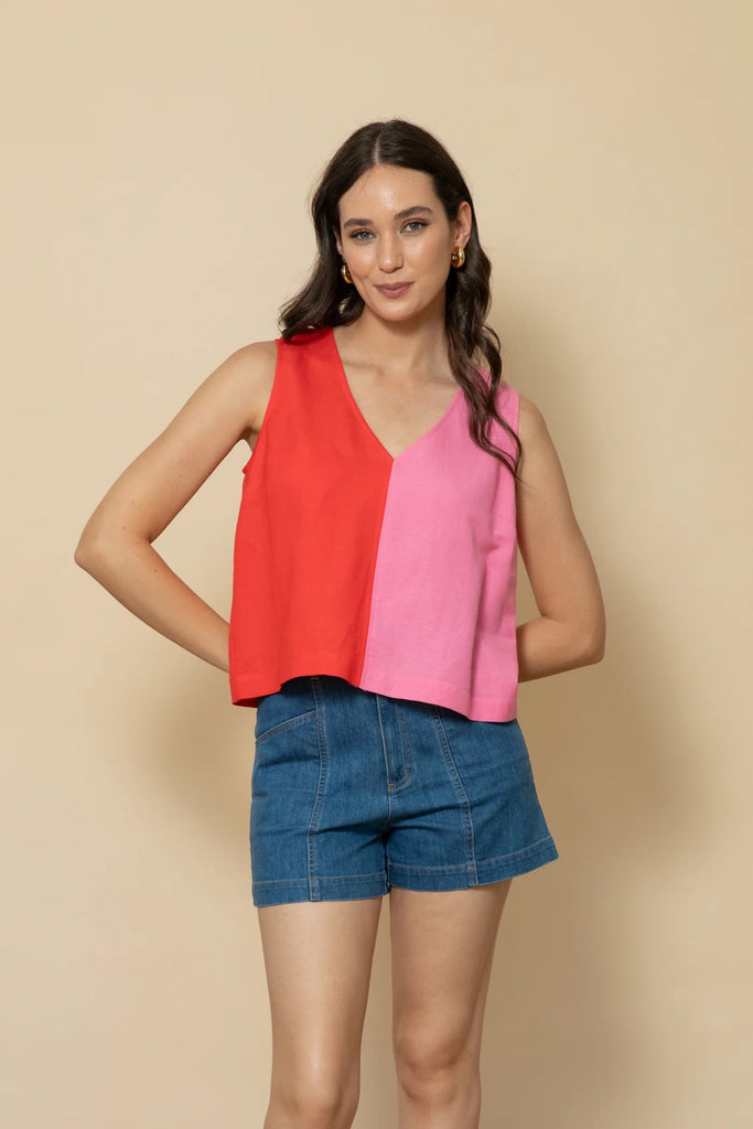 Frock Me Out Sleeveless V-Neck Top - Red/Pink