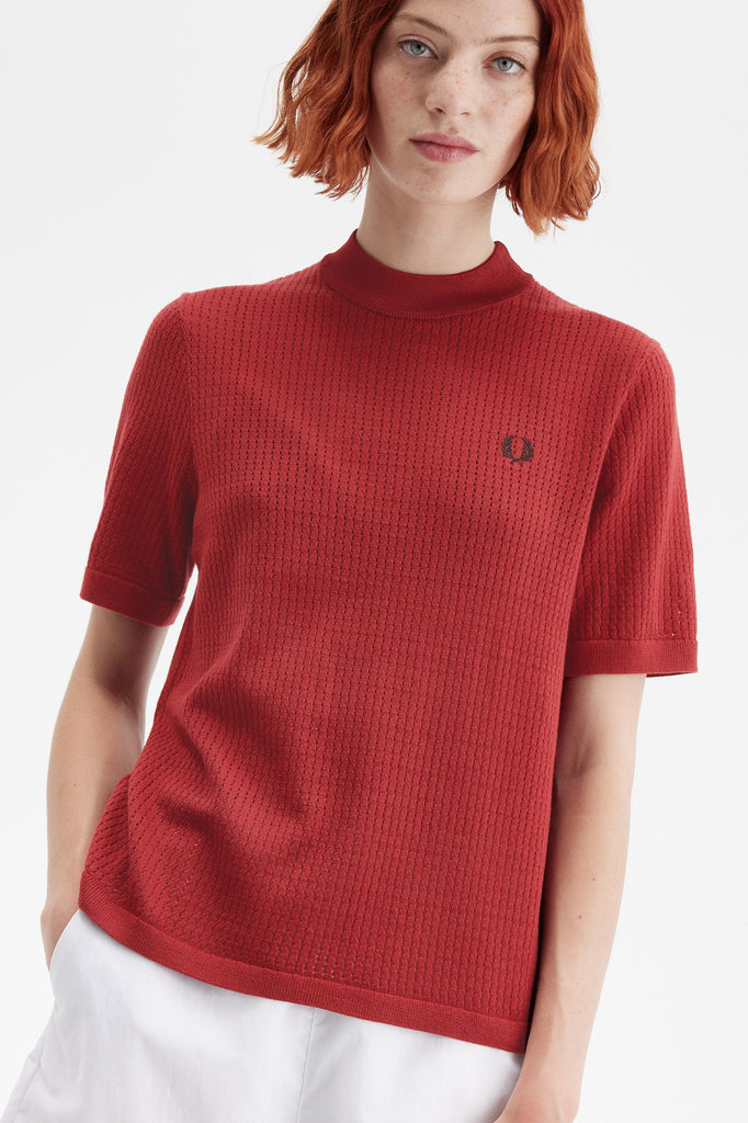 Fred Perry Pointelle Knitted T-Shirt - Burnt Red