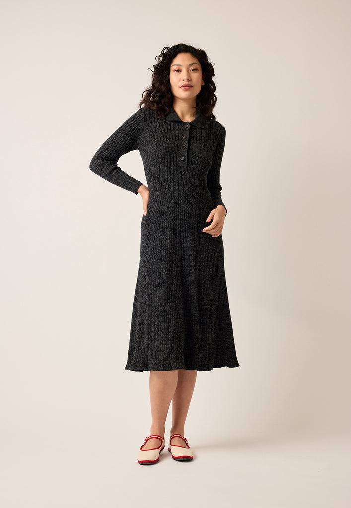Nancybird Simona L/S Rib Knit Dress - Black Melange