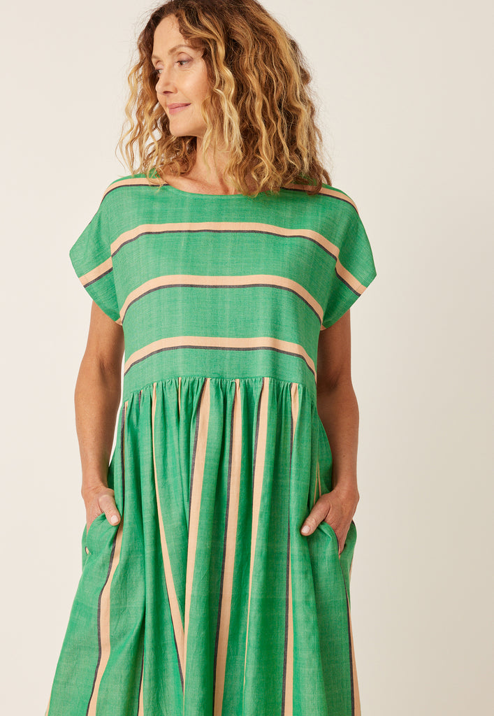 Nancybird Tathra Woven Dress - Green Wide Stripe