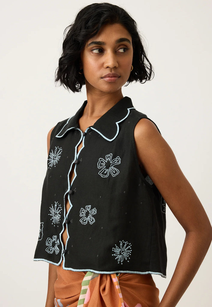 Nancybird Tuva Vest - Charcoal Embroidered