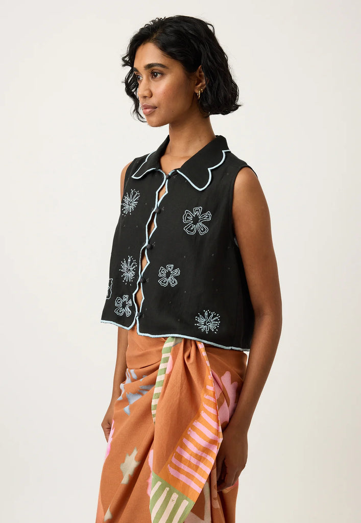 Nancybird Tuva Vest - Charcoal Embroidered