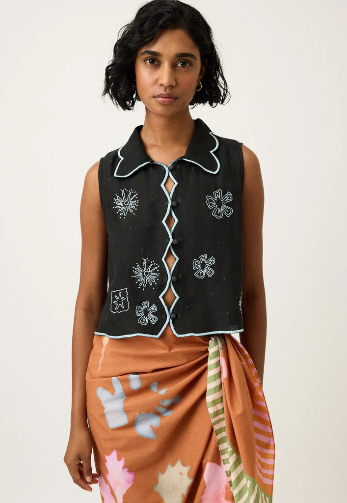 Nancybird Tuva Vest - Charcoal Embroidered